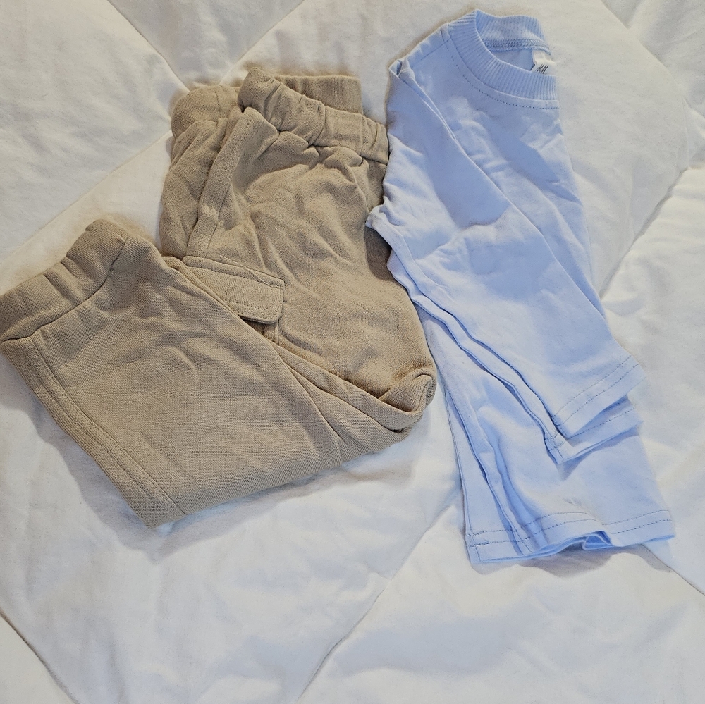 H&M Baby Boys 12M Cotton Cargo Pants & Long Sleeve Shirt Set - Like New!